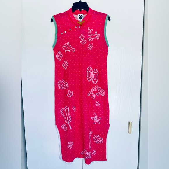 YanYan Munzi Cheongsam Asian Style Jacquard Linen Midi Dress Pink Small - Picture 7 of 15